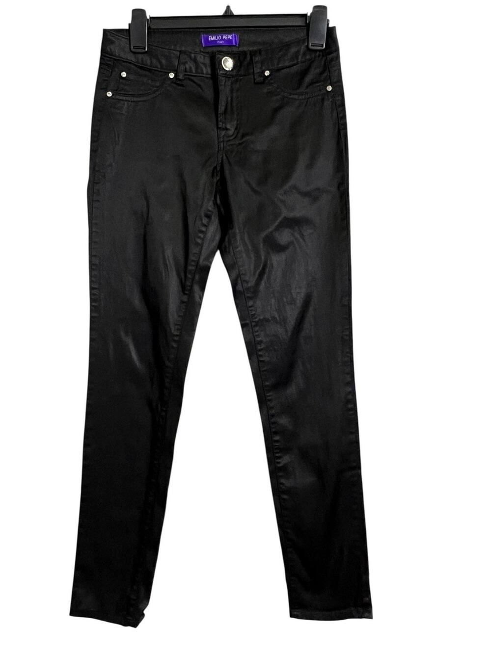 Emilio Pepe Satin Skinny Jeans 5 (27) Black Rhinestone Stretch Rock Whimsigoth